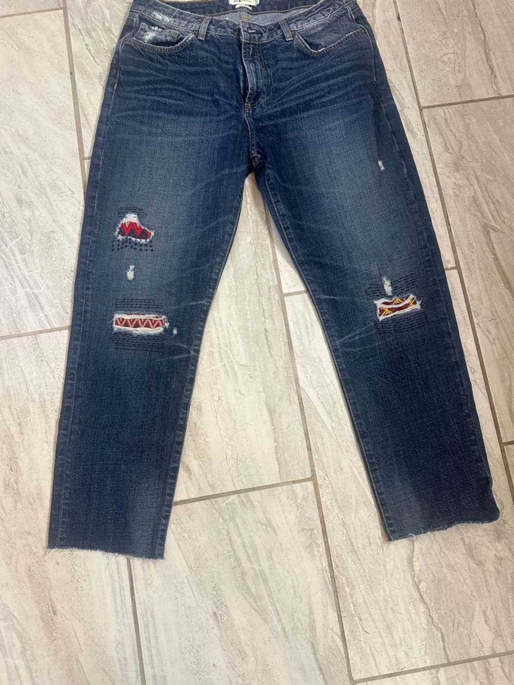 DRIFTWOOD Dark Blue Boyfriend Jeans with Embroidered Patch Accents